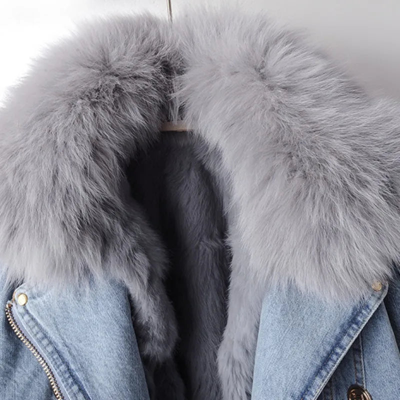 Cappotto in denim con pelliccia di volpe foderata Margaux Luxe